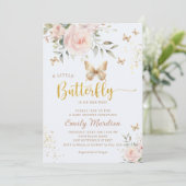 小さな蝶の水色の女の子の赤ちゃんシャワー 招待状 (スタンド正面)