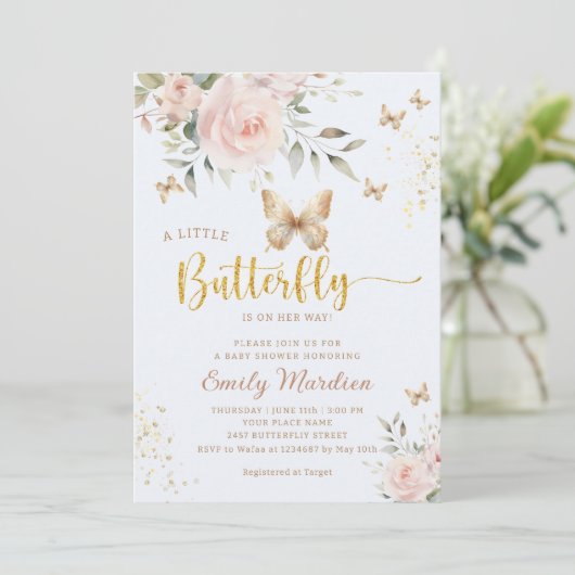 小さな蝶の水色の女の子の赤ちゃんシャワー 招待状 (スタンド正面)