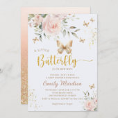 小さな蝶の水色の女の子の赤ちゃんシャワー 招待状 (正面/裏面)