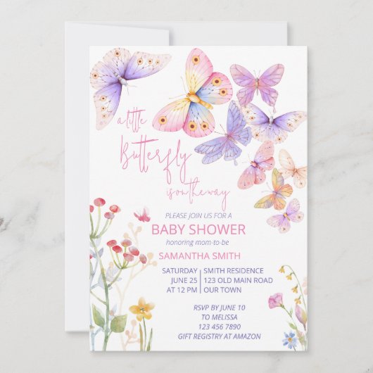 小さな蝶の牧草地の野生の花の赤ちゃんシャワー 招待状 (正面)
