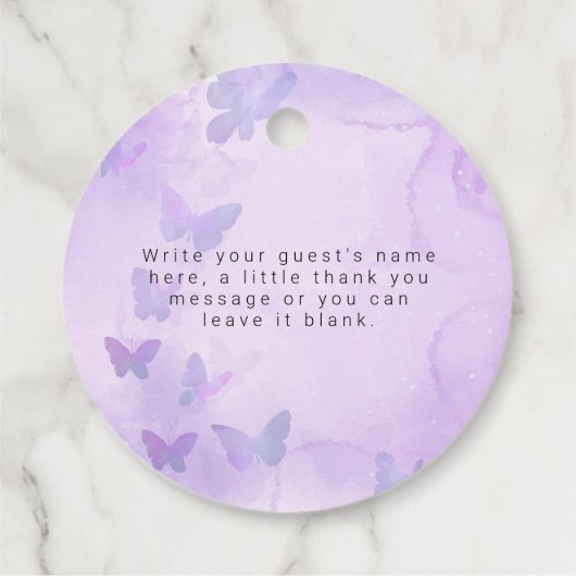小さな蝶の紫の赤ちゃんシャワー フェイバータグ (裏面)