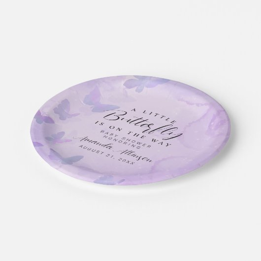 小さな蝶の紫の赤ちゃんシャワー ペーパープレート (アングル)