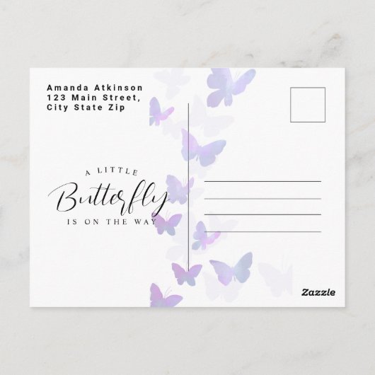小さな蝶の紫の赤ちゃんシャワー ポストカード (裏面)