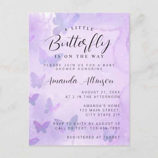 小さな蝶の紫の赤ちゃんシャワー ポストカード (正面)