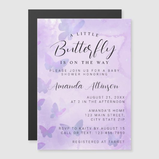 小さな蝶の紫の赤ちゃんシャワー マグネット招待状 (正面/裏面)