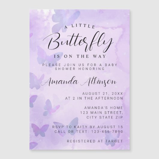 小さな蝶の紫の赤ちゃんシャワー マグネット招待状 (正面)
