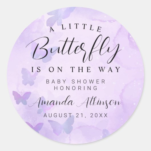 小さな蝶の紫の赤ちゃんシャワー ラウンドシール (正面)