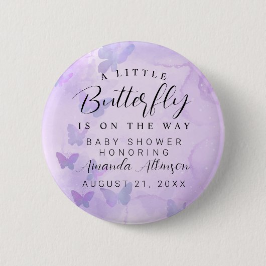 小さな蝶の紫の赤ちゃんシャワー 缶バッジ (正面)
