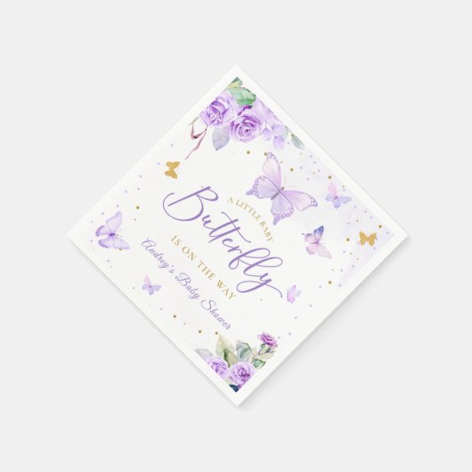 小さな蝶の紫の金ゴールドフローラ赤ちゃんシャワー スタンダードカクテルナプキン (角)