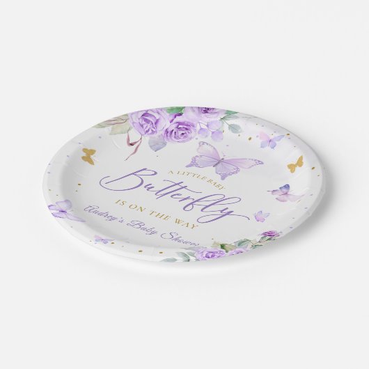 小さな蝶の紫の金ゴールドフローラ赤ちゃんシャワー ペーパープレート (アングル)