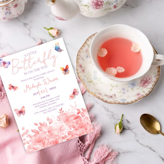 小さな蝶の紫色のピンクの花赤ちゃんシャワー 招待状