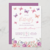 小さな蝶の花ピンクと紫の赤ちゃんシャワー 招待状 (正面/裏面)