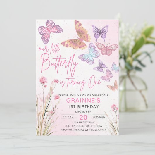 小さな蝶の草原の野の花の誕生日パーティー 招待状 (スタンド正面)