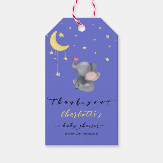 小さな蝶の赤ちゃんシャワーと可愛い象 ギフトタグ (正面)