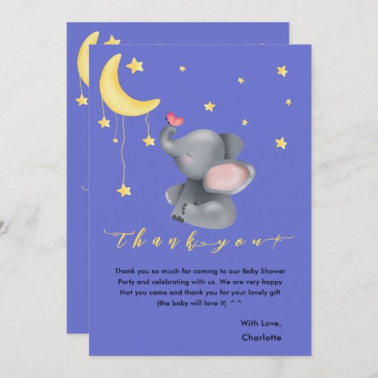 小さな蝶の赤ちゃんシャワーと可愛い象 サンキューカード (正面/裏面)