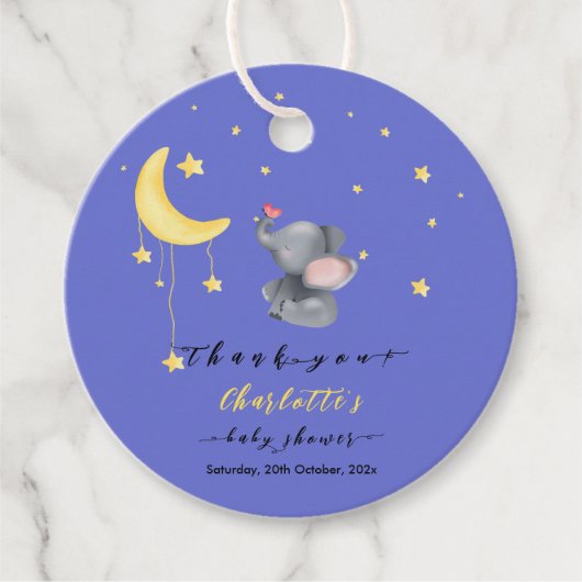 小さな蝶の赤ちゃんシャワーと可愛い象 フェイバータグ (正面)