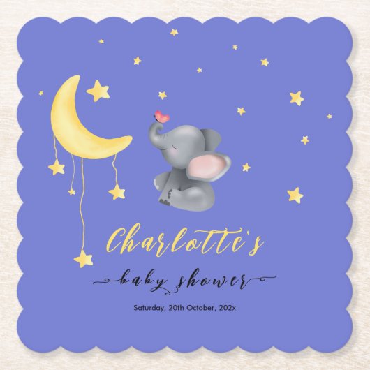 小さな蝶の赤ちゃんシャワーと可愛い象 ペーパーコースター (正面)