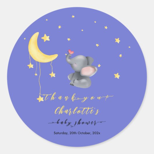 小さな蝶の赤ちゃんシャワーと可愛い象 ラウンドシール (正面)