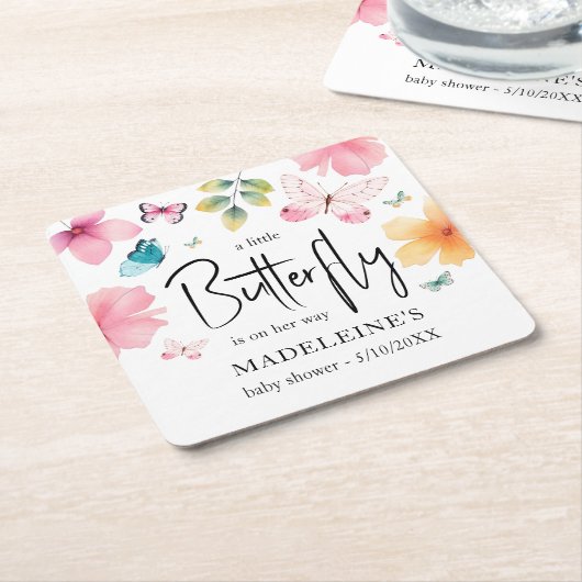 小さな蝶の赤ちゃんシャワーのコースター スクエアペーパーコースター (アングル)