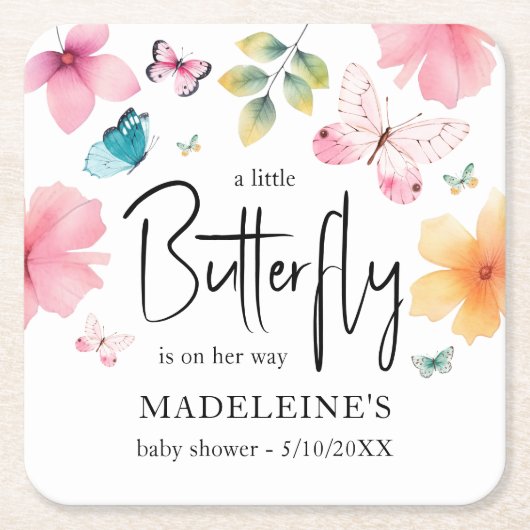 小さな蝶の赤ちゃんシャワーのコースター スクエアペーパーコースター (正面)