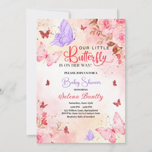 小さな蝶の赤ちゃんシャワー女の子水色ピンク 招待状 (正面)