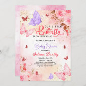 小さな蝶の赤ちゃんシャワー女の子水色ピンク 招待状 (正面/裏面)