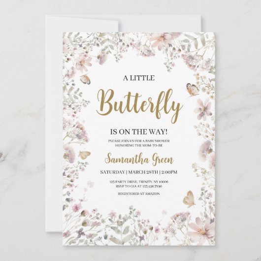 小さな蝶の赤ちゃんシャワー 招待状 (正面)