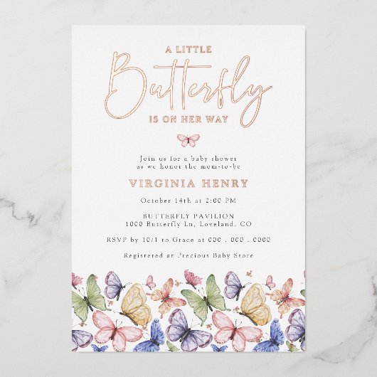 小さな蝶の赤ちゃんシャワー 箔招待状 (正面)