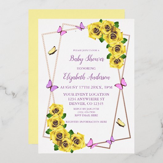 小さな蝶の赤ちゃんシャワー 箔招待状 (正面/裏面)