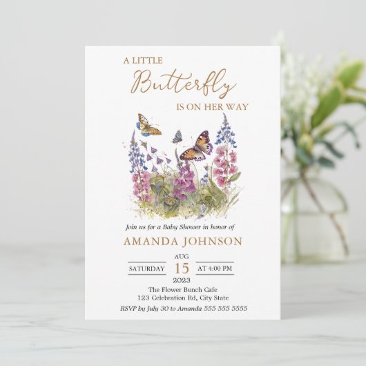 小さな蝶の野生の花の赤ちゃんシャワー 招待状 (スタンド正面)