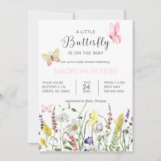 小さな蝶の野生の花の赤ちゃんシャワー 招待状 (正面)