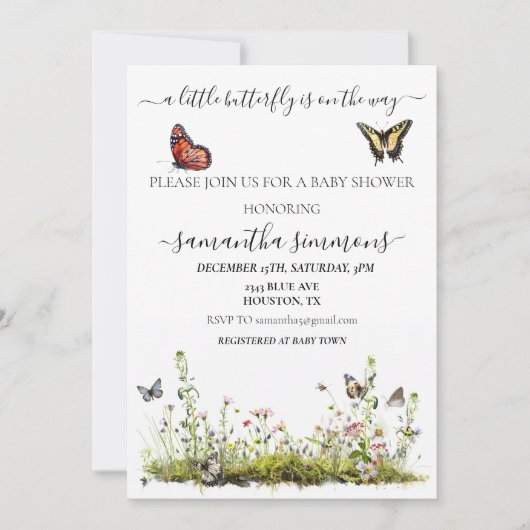 小さな蝶の野生の花の赤ちゃんシャワー 招待状 (正面)