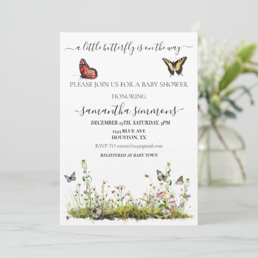 小さな蝶の野生の花の赤ちゃんシャワー 招待状 (スタンド正面)