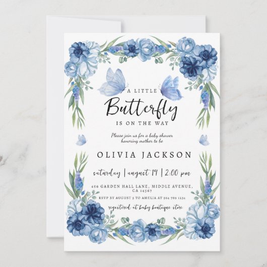小さな蝶の青いフローラの素朴赤ちゃんシャワー 招待状 (正面)