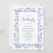 小さな蝶の青と白のフローラ赤ちゃんシャワー 招待状 (正面)