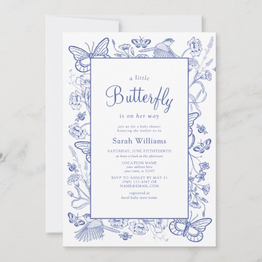 小さな蝶の青と白のフローラ赤ちゃんシャワー 招待状 (正面)