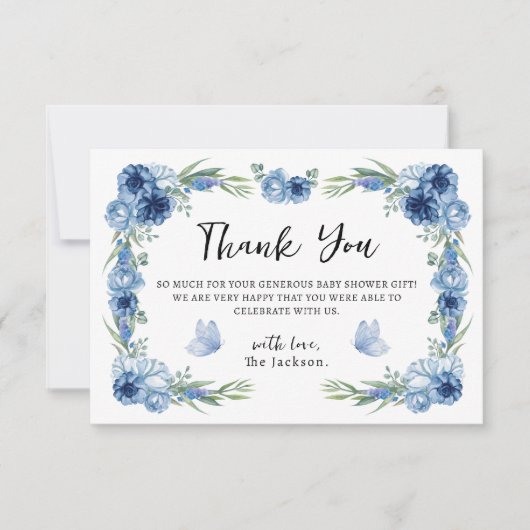 小さな蝶の青フローラあり素朴がとう サンキューカード (正面)