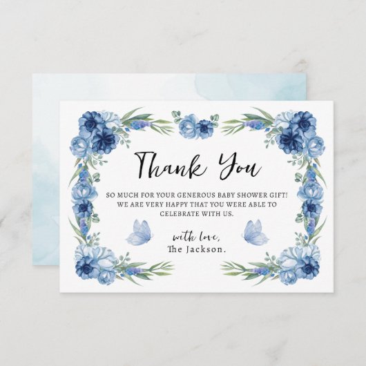 小さな蝶の青フローラあり素朴がとう サンキューカード (正面/裏面)