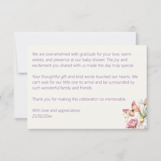 小さな蝶の魅惑された庭の赤ちゃんシャワー サンキューカード (裏面)