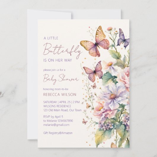 小さな蝶の魅惑された庭の赤ちゃんシャワー 招待状 (正面)