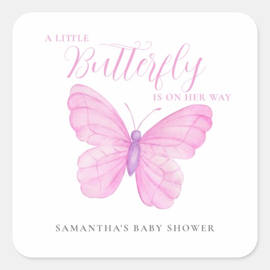 小さな蝶ピンクの女の子の赤ちゃんシャワー スクエアシール (正面)