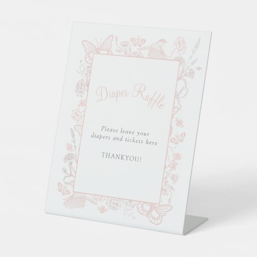 小さな蝶ピンクの赤ちゃんシャワーおむつラッフル 台座サイン (正面)