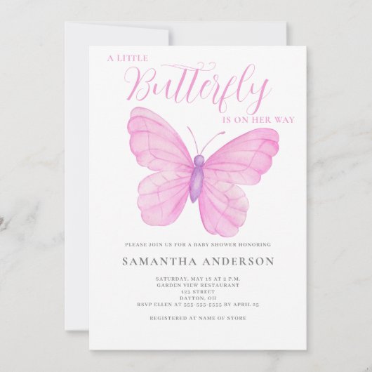 小さな蝶ピンクの赤ちゃんシャワー 招待状 (正面)