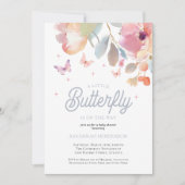 小さな蝶ピンクの青いフローラ赤ちゃんシャワー 招待状 (正面)