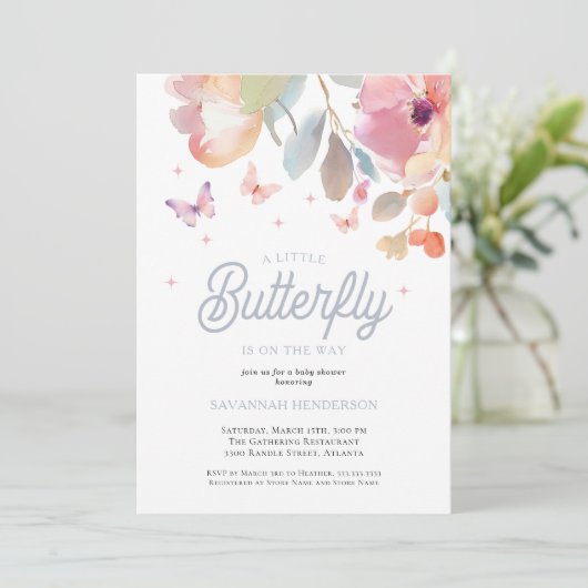 小さな蝶ピンクの青いフローラ赤ちゃんシャワー 招待状 (スタンド正面)