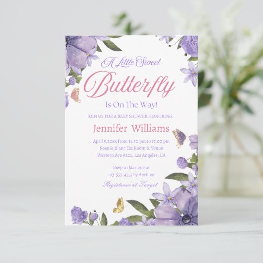 小さな蝶ピンク紫のフローラの赤ちゃん 招待状 (スタンド正面)