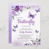 小さな蝶ボホパープルガール赤ちゃんシャワー 招待状 (正面/裏面)