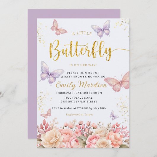 小さな蝶ボホフローラ女の子のシャワー私 招待状 (正面/裏面)