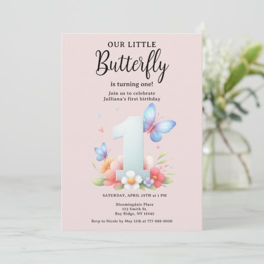 小さな蝶1st誕生日かわいい番号フォント 招待状 (スタンド正面)