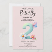 小さな蝶2nd誕生日かわいい番号フォント 招待状 (正面)